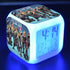 Glowing blue cube clock with Fortnite characters on sides, displaying time 4:14 and date info.