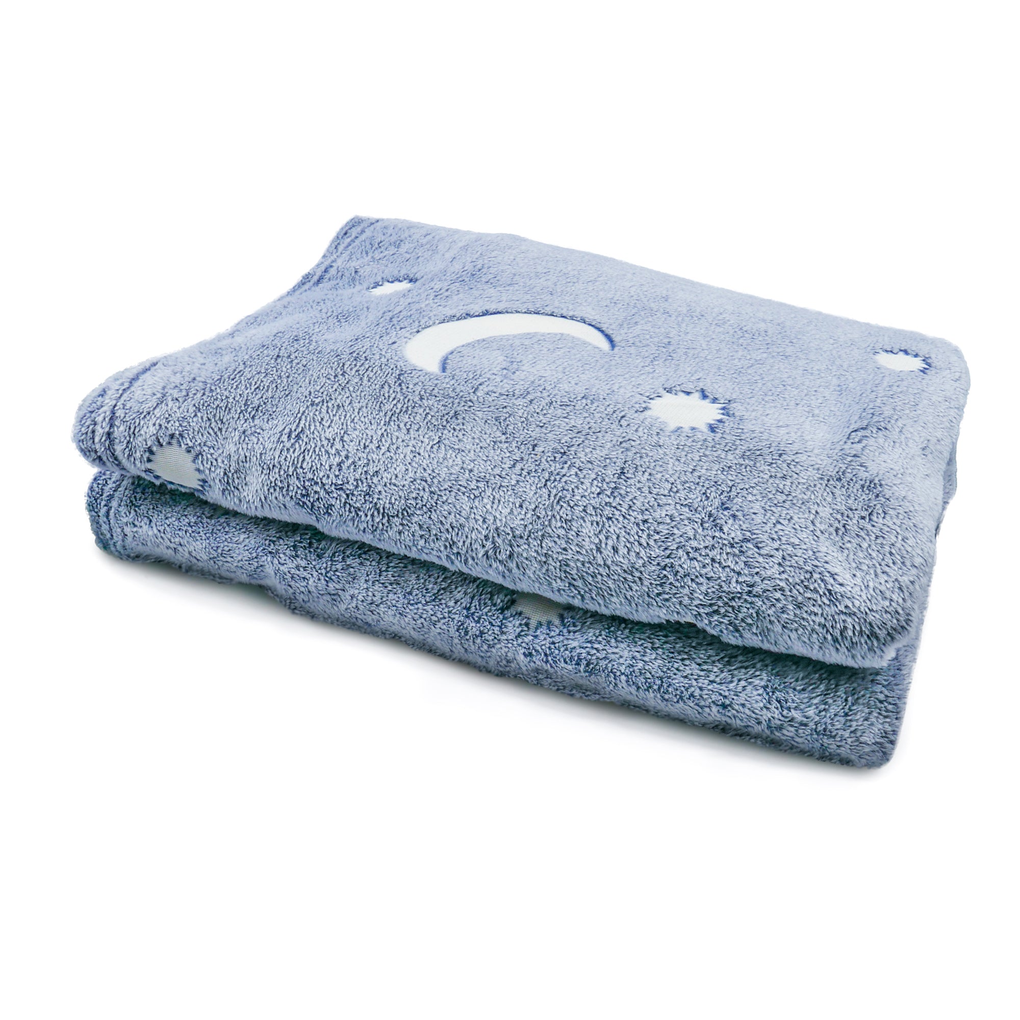 Blue fluffy blanket with white moon and stars design, neatly folded.