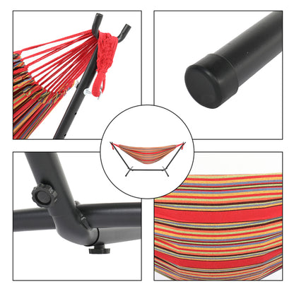 Red and yellow striped hammock with black metal frame; close-ups of frame joints and striped fabric.