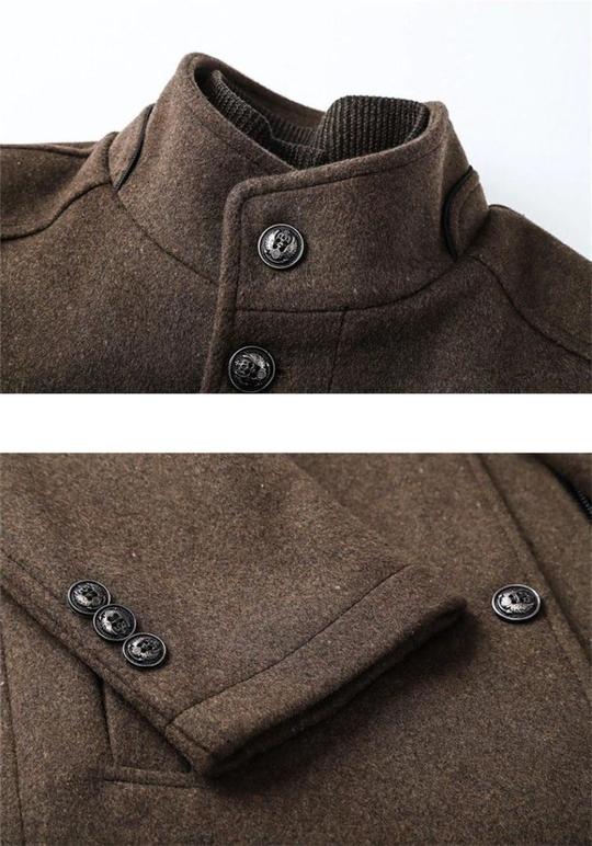 Brown wool coat with a high collar and decorative black buttons on the front and sleeves.