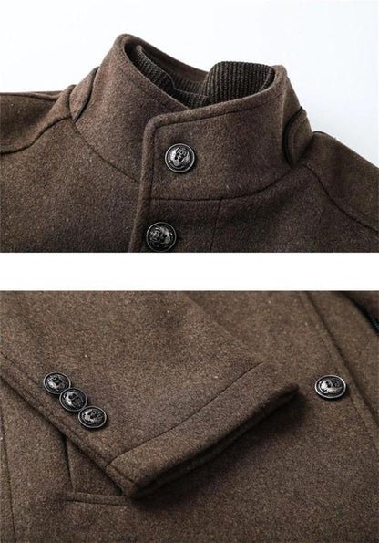 Brown wool coat with a high collar and decorative black buttons on the front and sleeves.