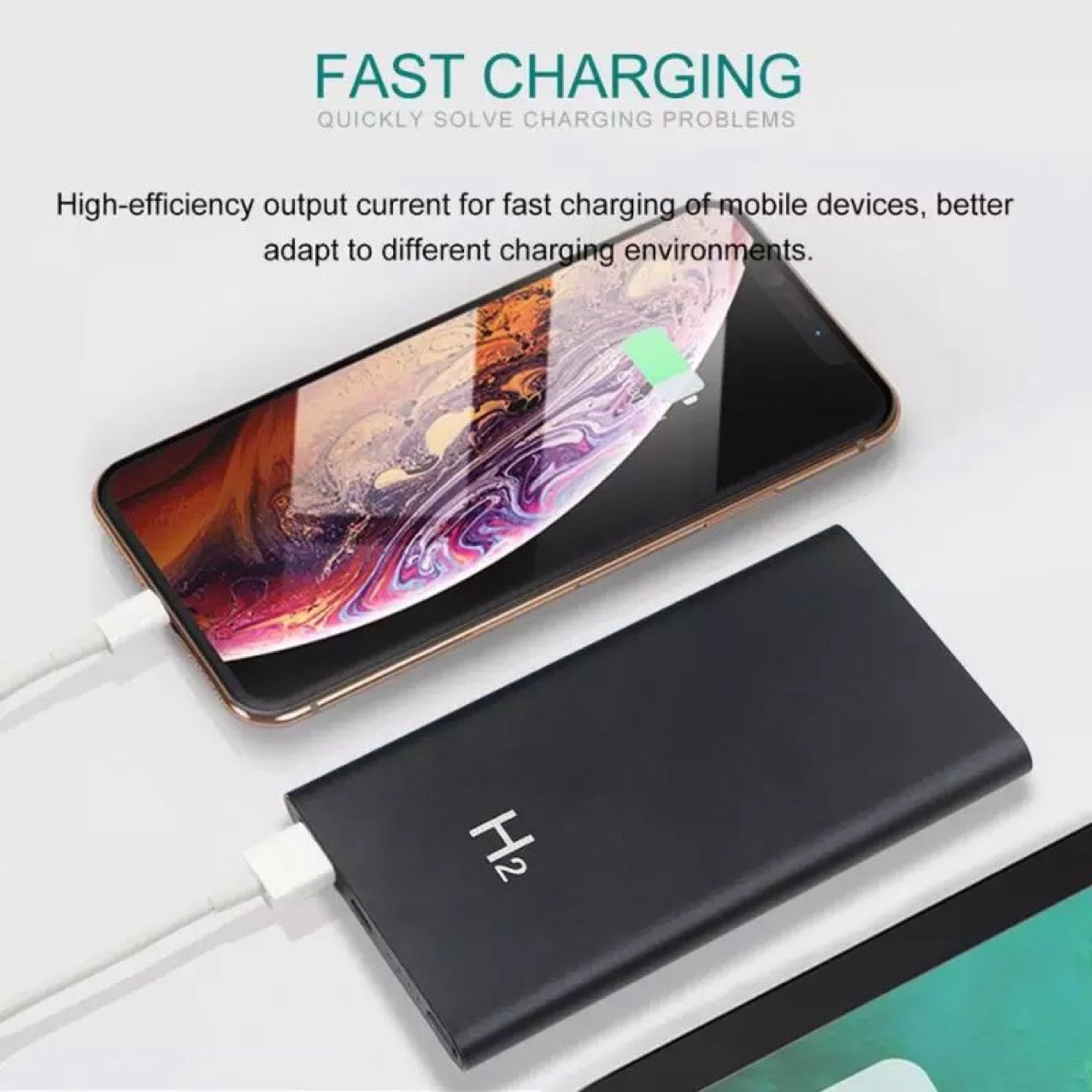 Phone charging via black H2 power bank, colorful screen, with "Fast Charging" text above.