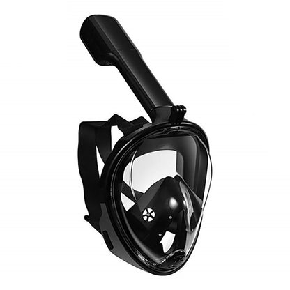 Black full-face snorkel mask with a clear visor and adjustable straps, featuring a snorkel tube.