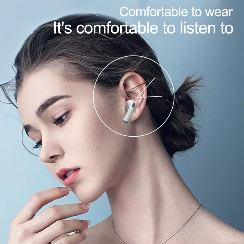 Woman with earbuds against a blue background, text about comfort above.
