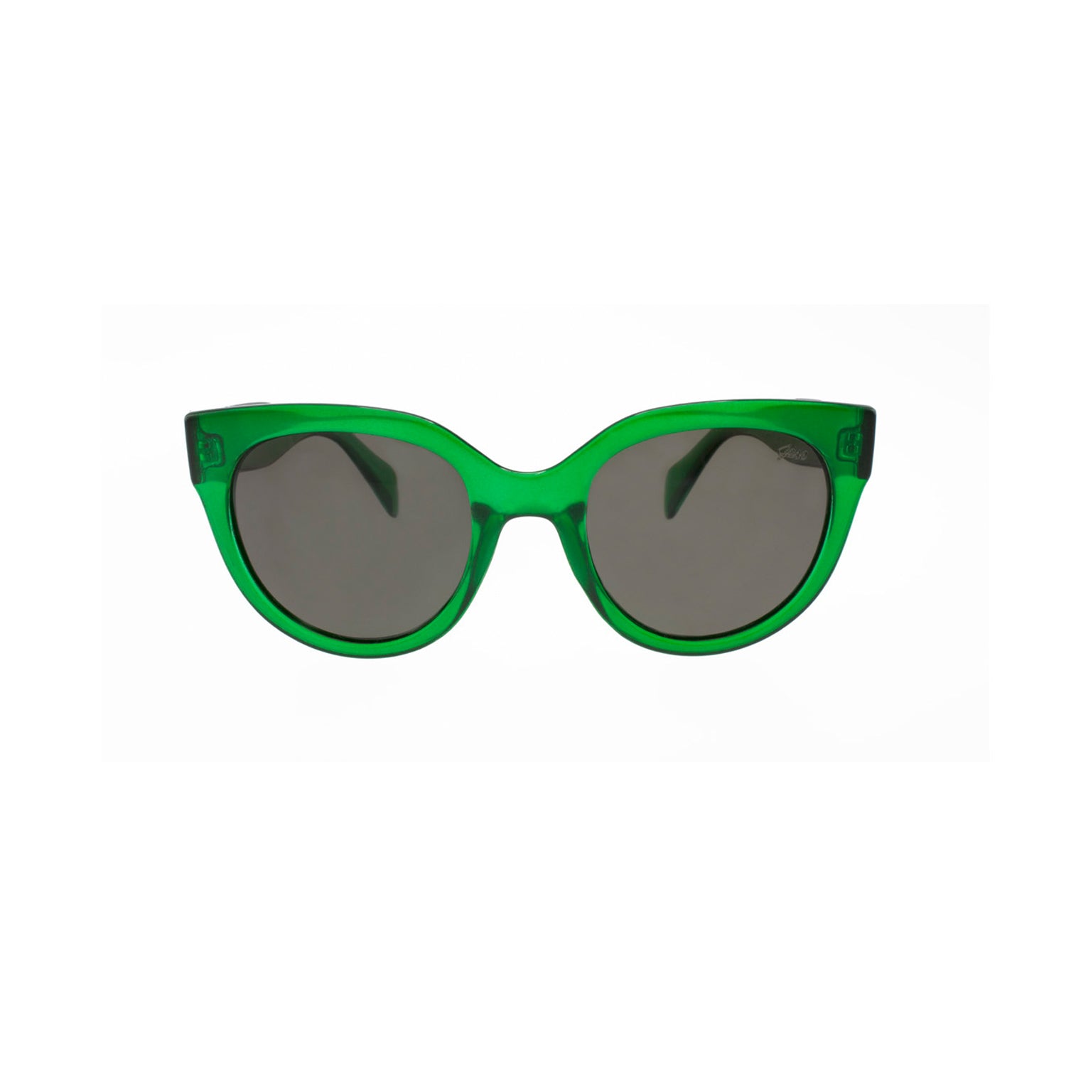 Green sunglasses with dark lenses, cat-eye shape, on a white background.