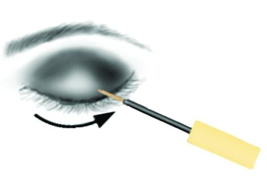 Illustration of an eye with shading and a brush, featuring a curved arrow below the lower lashes.