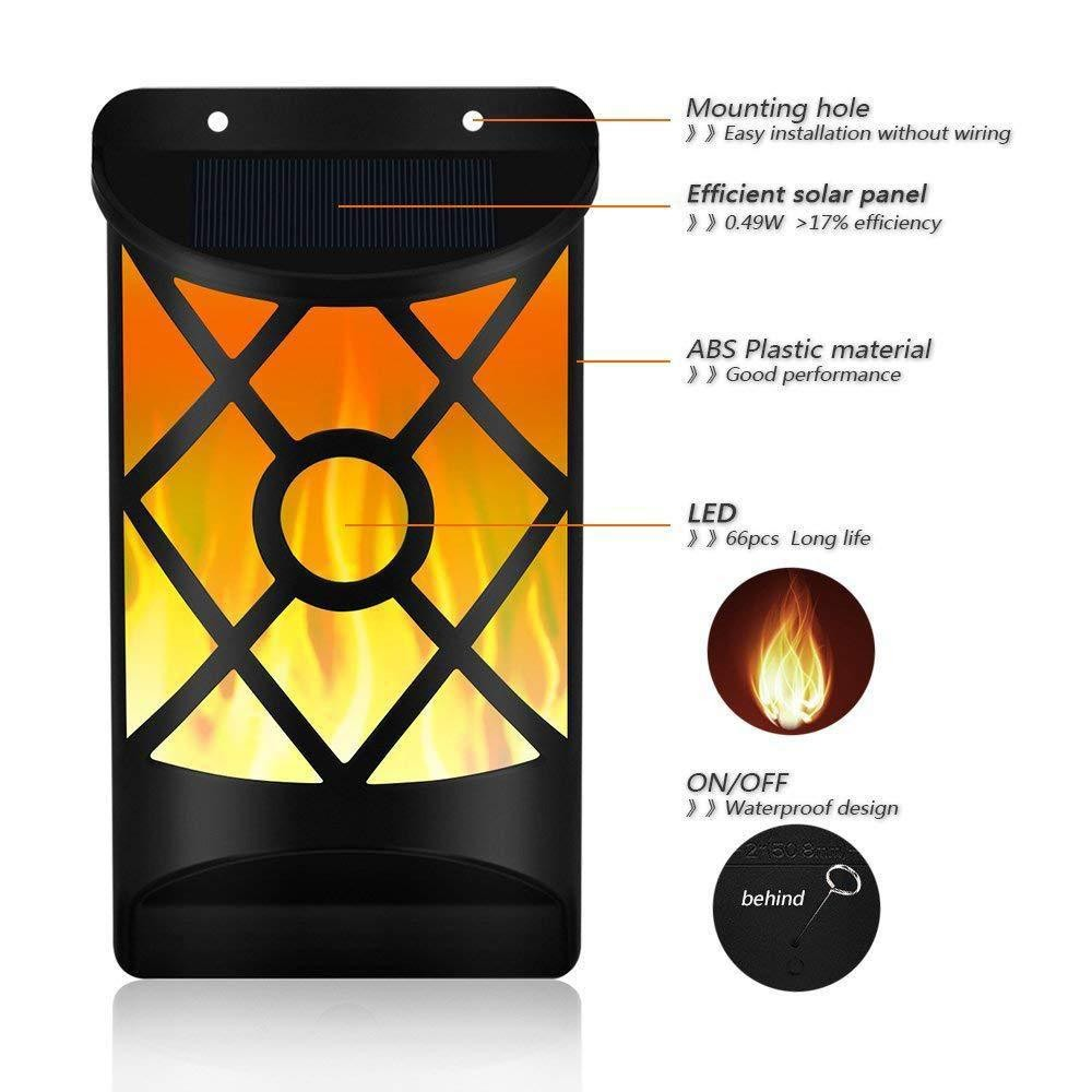 Black solar lantern with flame effect, grid design, and labeled features, including a solar panel.