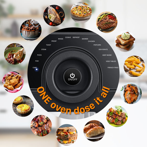 Black oven dial with multiple cooking modes, surrounded by photos of diverse foods.