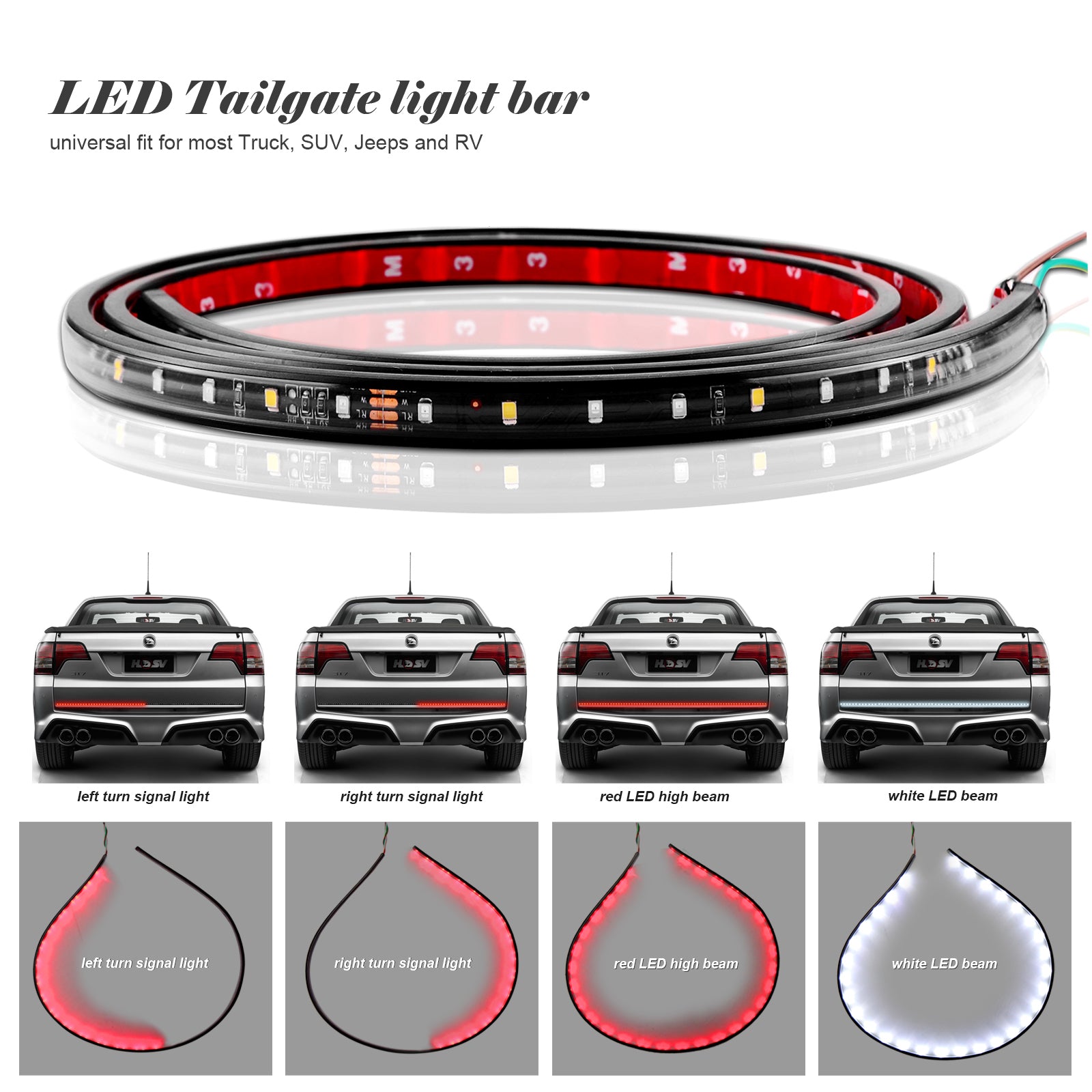 LED tailgate light bar; black strip with multicolor LEDs, car rear views, red and white lights shown.