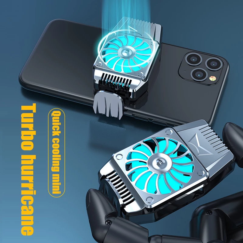 Blue cooling fan clipped to a smartphone with glowing blades and futuristic design.