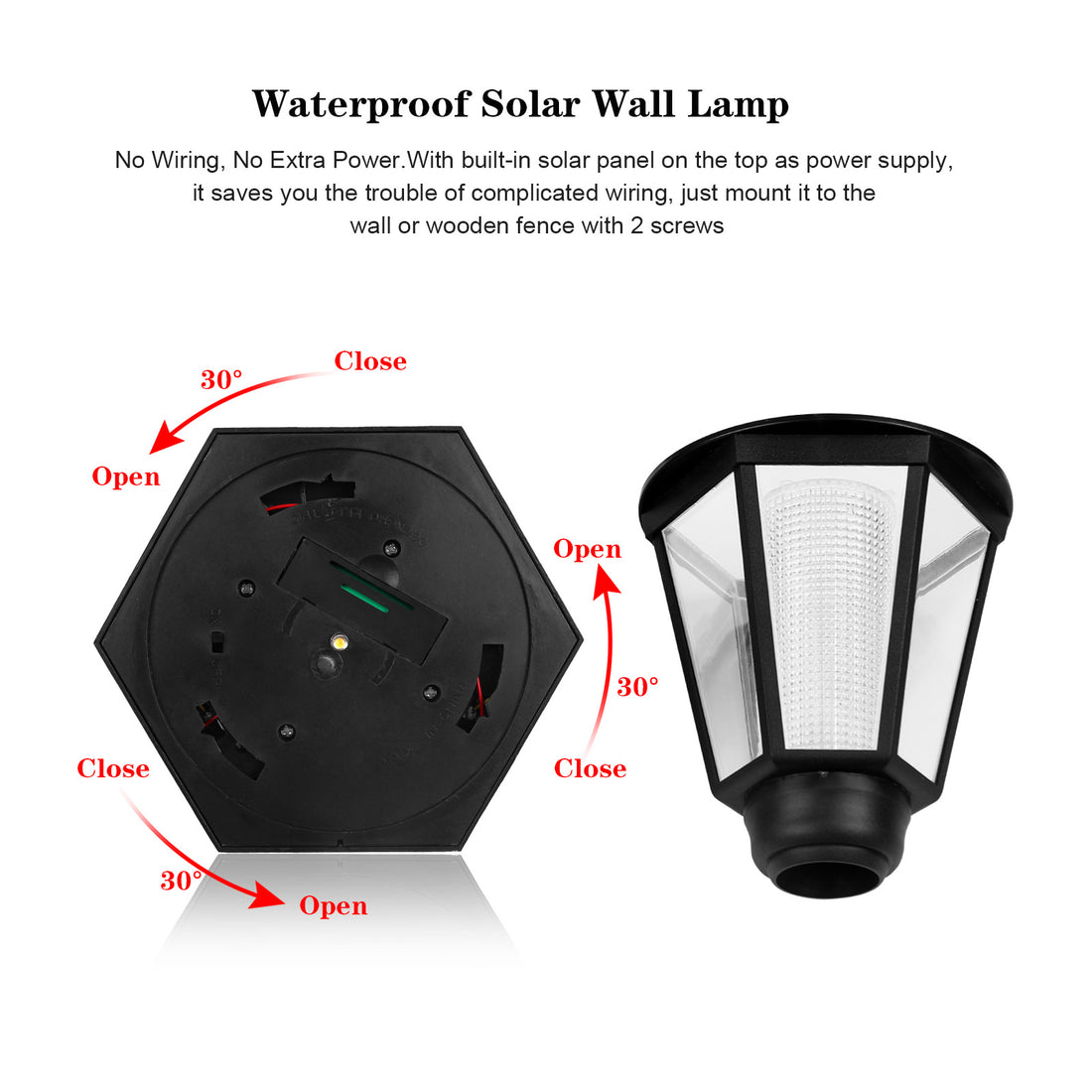 Black hexagonal solar wall lamp; open/close mechanism shown with arrows and angles.