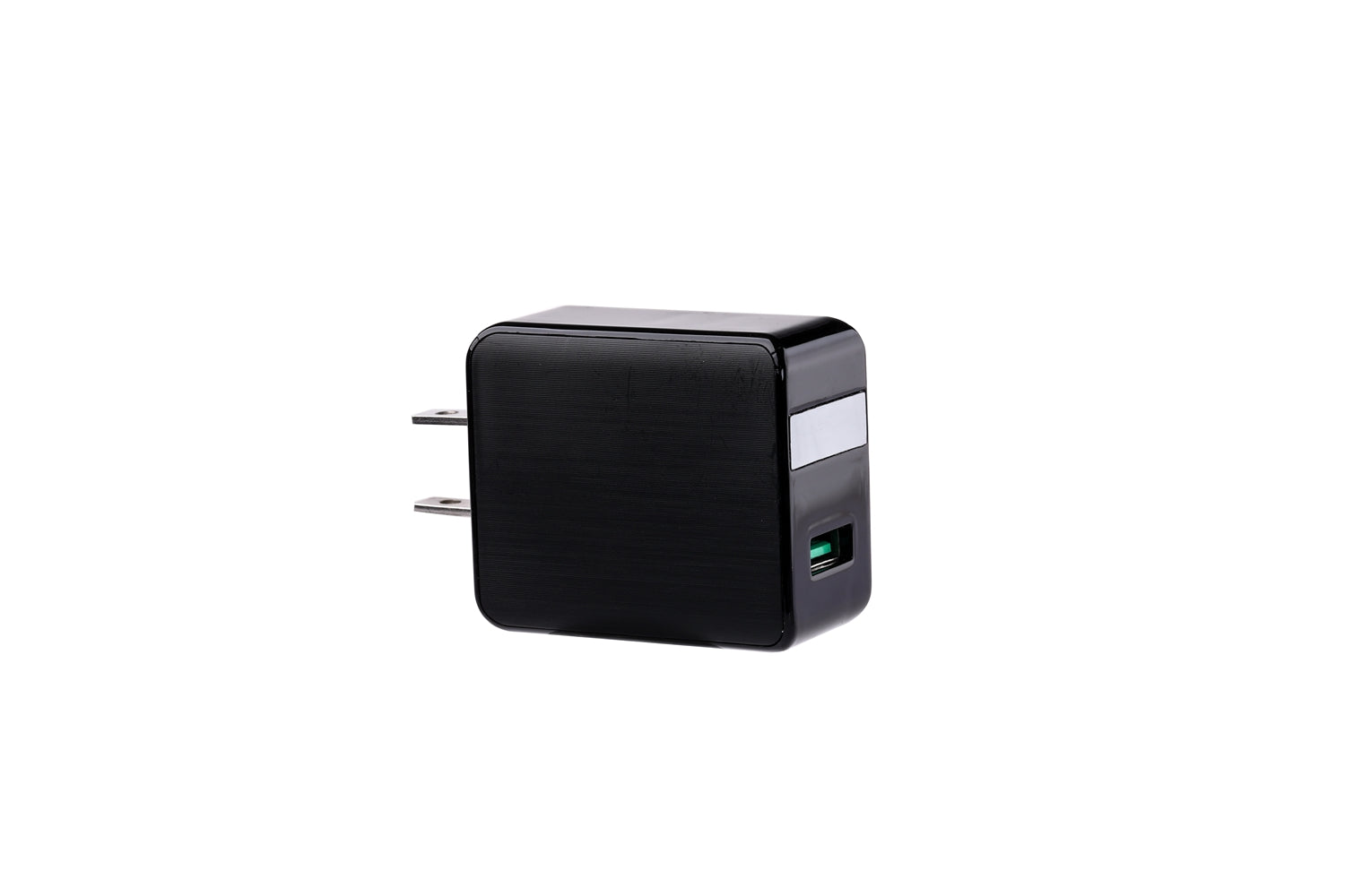 Black square plug with dual prongs, USB port, silver accent, and green interior on white background.