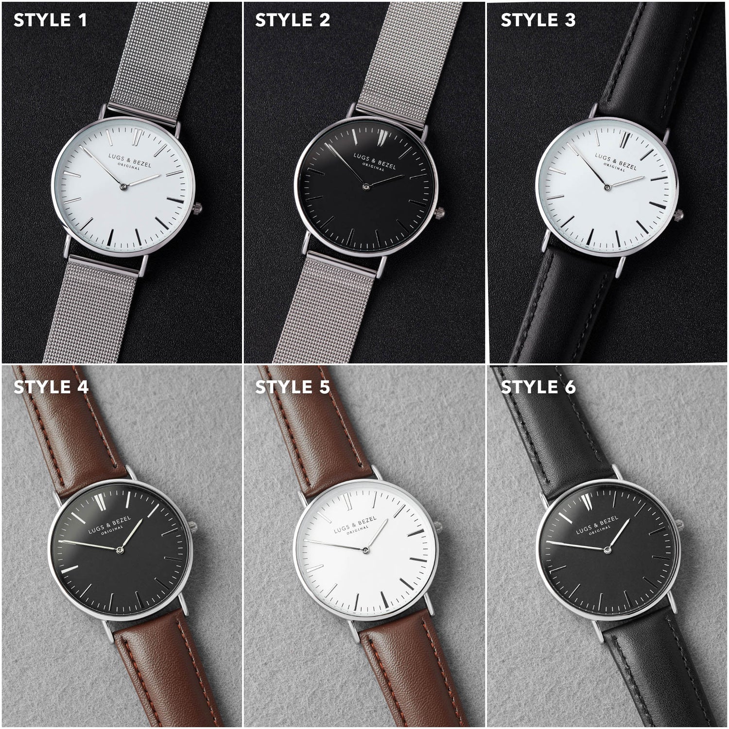Six minimalist watches with different dial colors and strap types: mesh, brown, and black.
