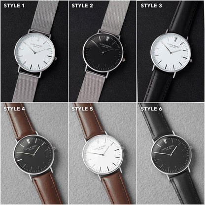 Six minimalist watches with different dial colors and strap types: mesh, brown, and black.