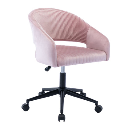 Pink velvet office chair with ribbed back, curved armrests, black adjustable base, and caster wheels.