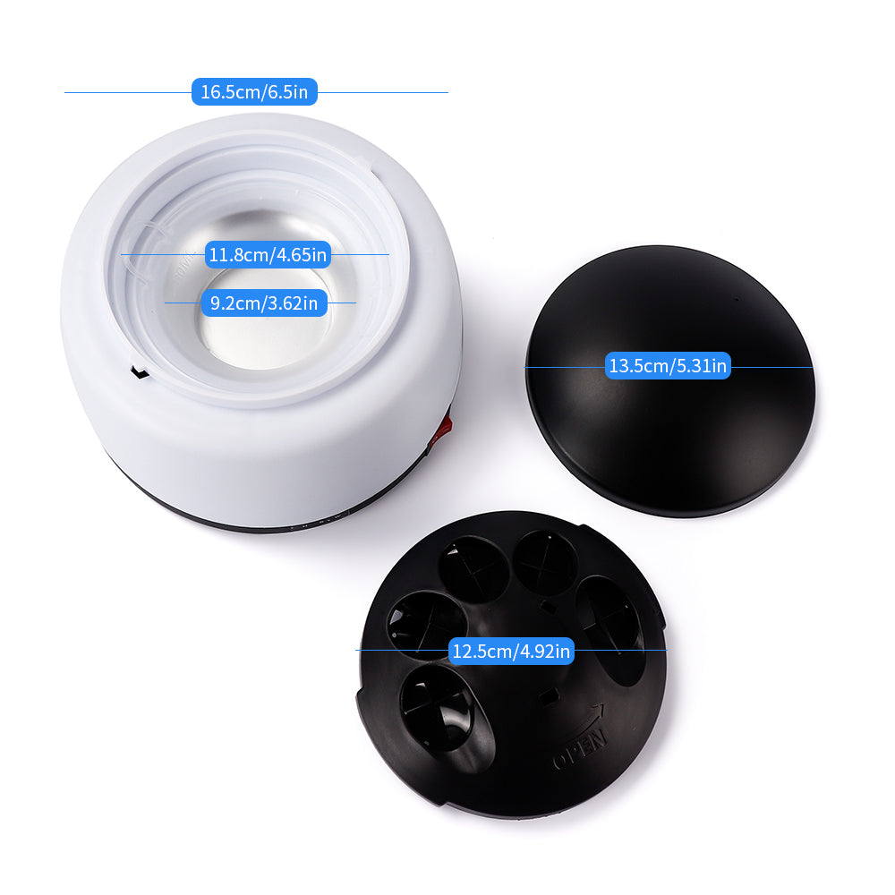 White circular device with black lid and perforated base, showing measurements in centimeters.