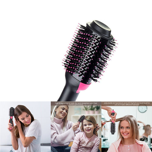A pink and black hair styling brush with bristles, shown with people using it on their hair.