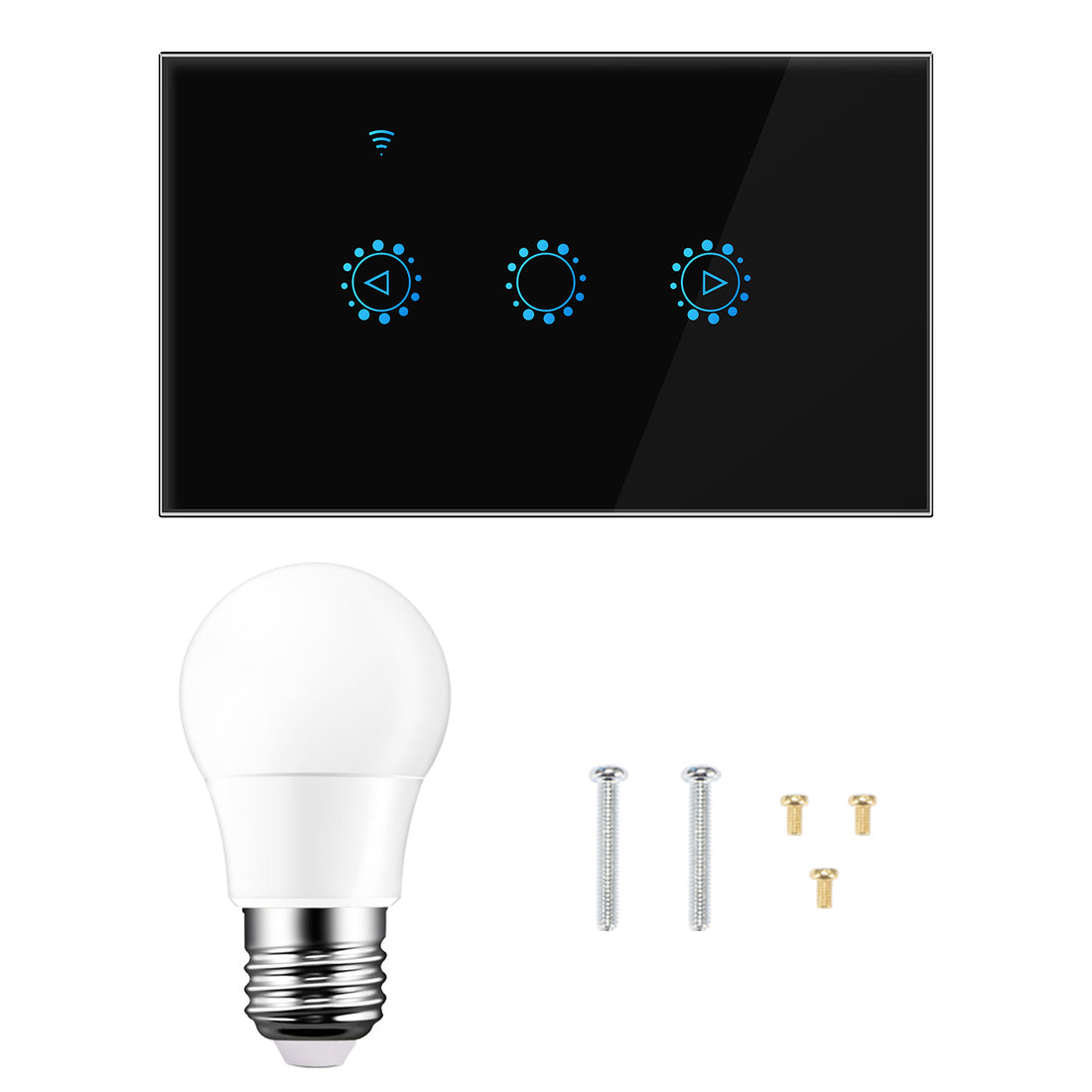Black touch panel with blue icons, white light bulb, two silver screws, and four gold screws.