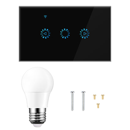 Black touch panel with blue icons, white light bulb, two silver screws, and four gold screws.