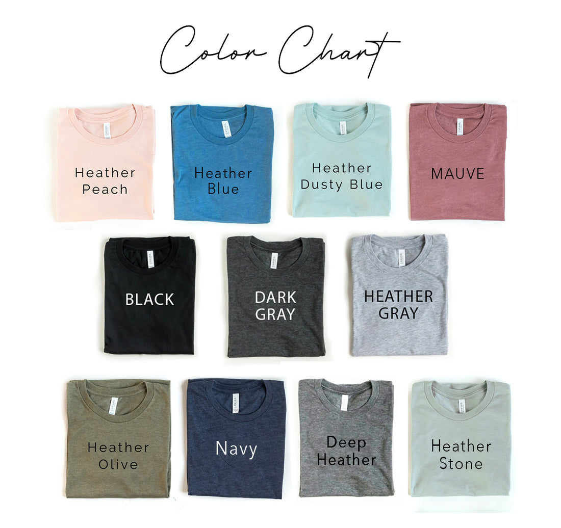 Ten folded T-shirts in various colors like peach, blue, black, gray, and olive labeled with names.