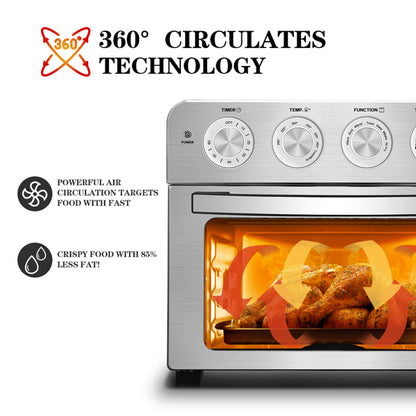 Silver air fryer oven with illuminated interior, showing roasted chicken and red arrows.