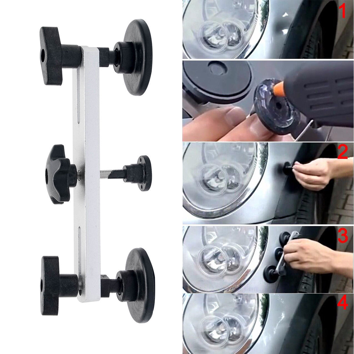 Dent repair tool with black suction cups and screws, shown in four-step installation on a silver car.