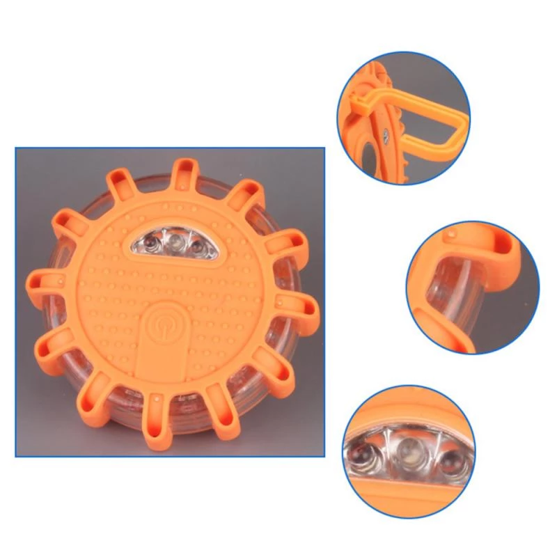 Orange circular LED safety light with hook, detailed views of sides and bulbs.
