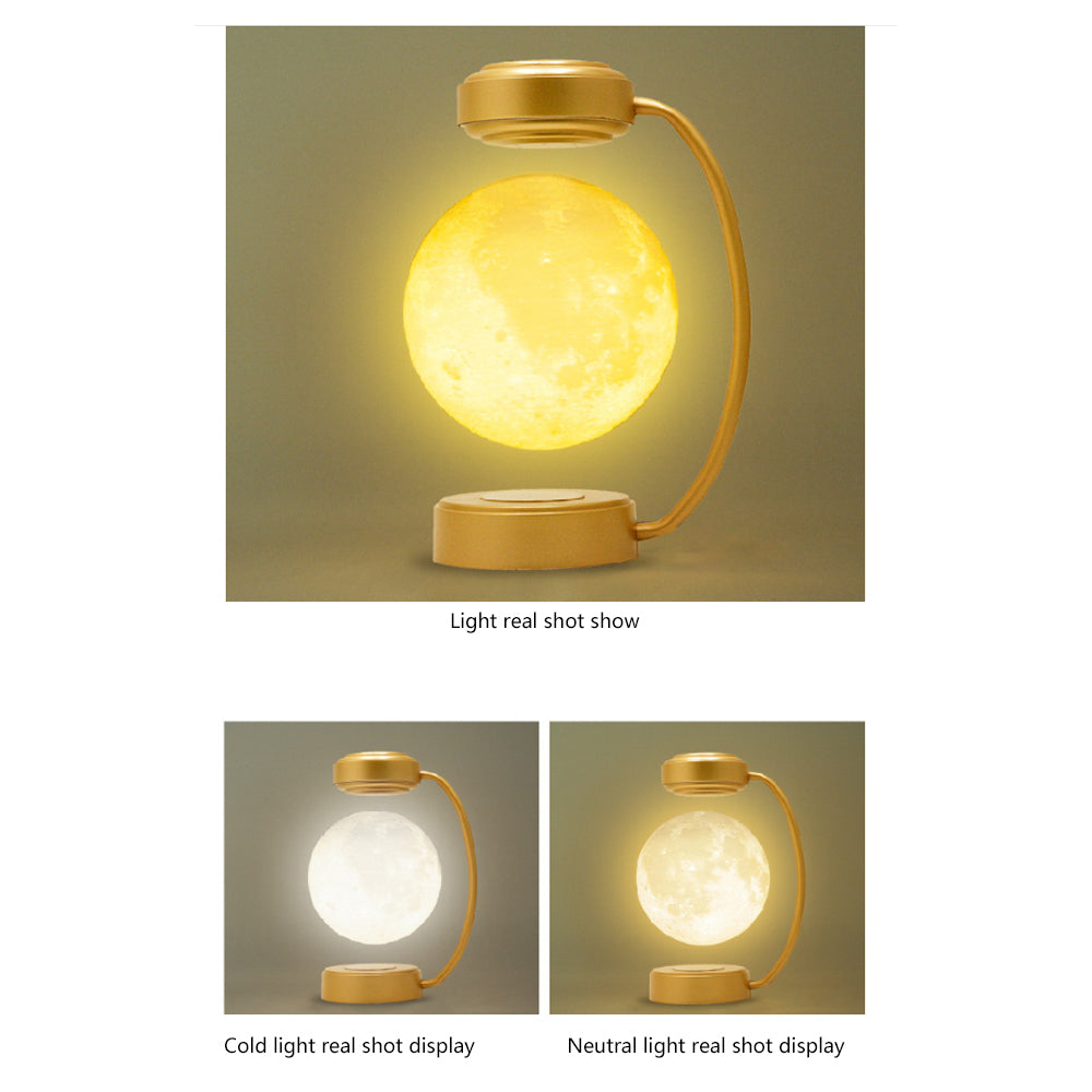 Levitating moon lamp with gold base, showing yellow, white, and warm light variations.