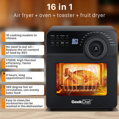 Black multifunctional kitchen appliance with digital display, buttons, and a chicken inside.