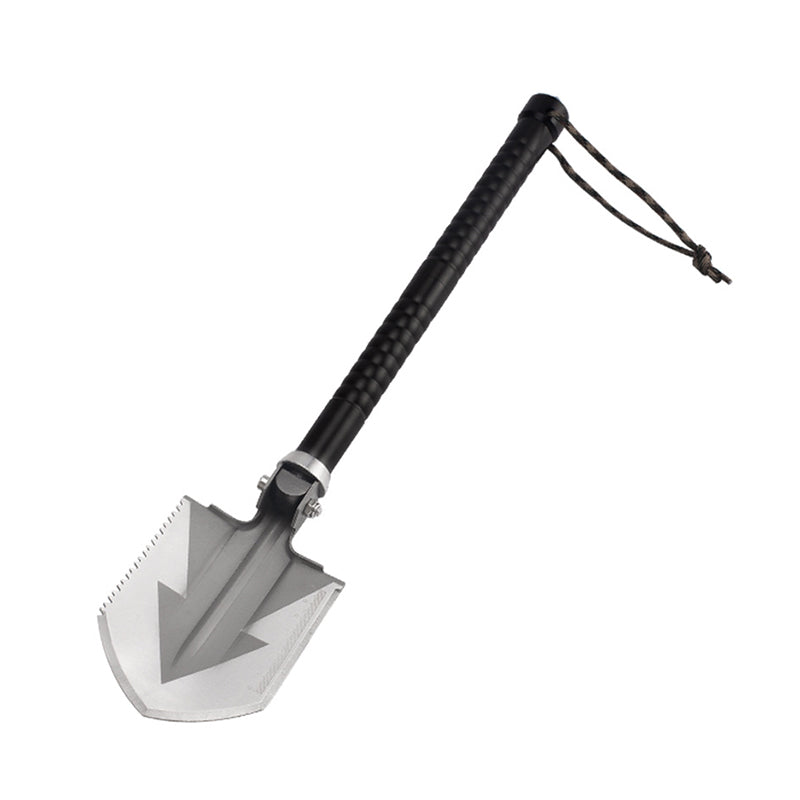 Black-handled shovel with a metallic gray blade featuring a saw edge and arrow design.