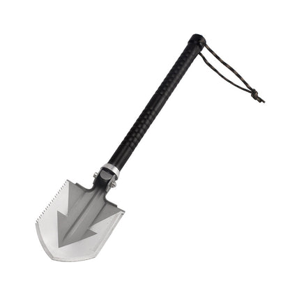 Black-handled shovel with a metallic gray blade featuring a saw edge and arrow design.