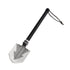 Black-handled shovel with a metallic gray blade featuring a saw edge and arrow design.