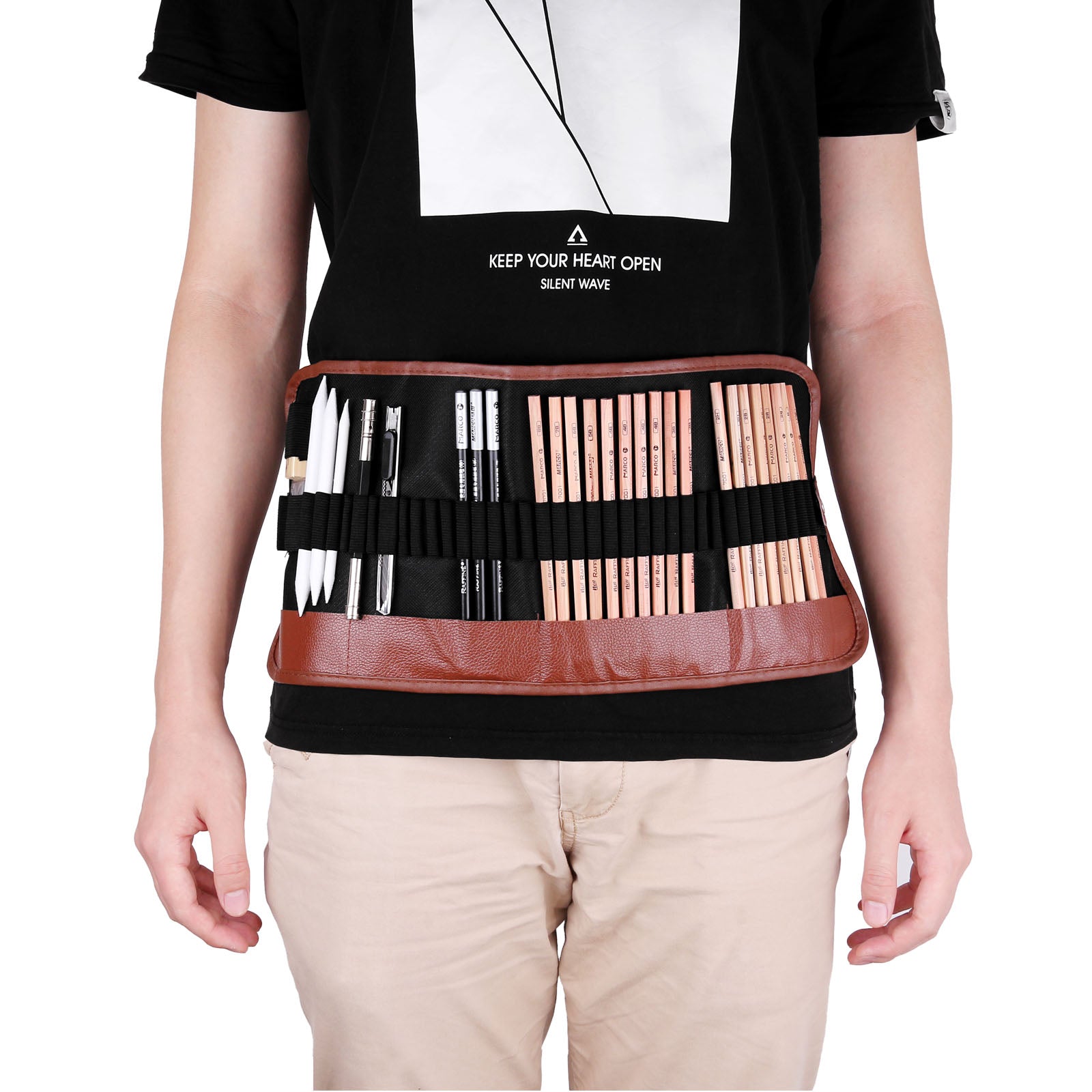 Person wearing a black T-shirt and a brown belt holding pens and pencils, with beige pants.