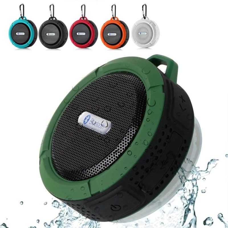 Waterproof Bluetooth speaker, green, black trim, with five color options and water splash.