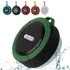 Waterproof Bluetooth speaker, green, black trim, with five color options and water splash.