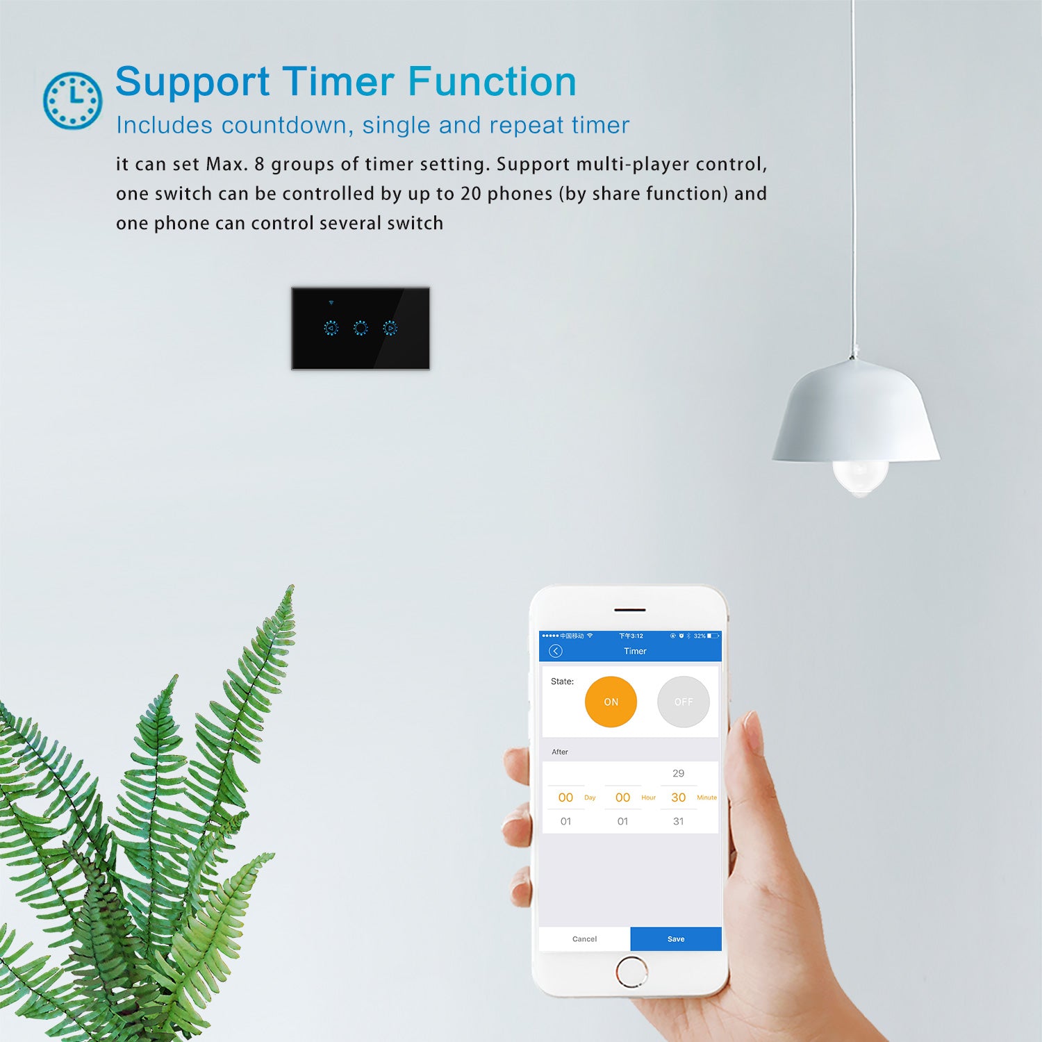 Smart switch interface on a smartphone with plant, wall switch, and ceiling lamp in the background.