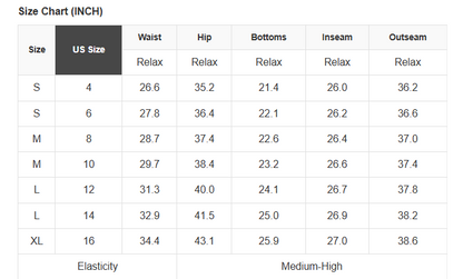 Size chart in inches for S to XL, showing US size, waist, hip, bottoms, inseam, outseam.
