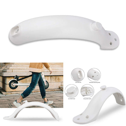White plastic fender for a scooter, shown with mounting holes. Person walking with folded scooter.