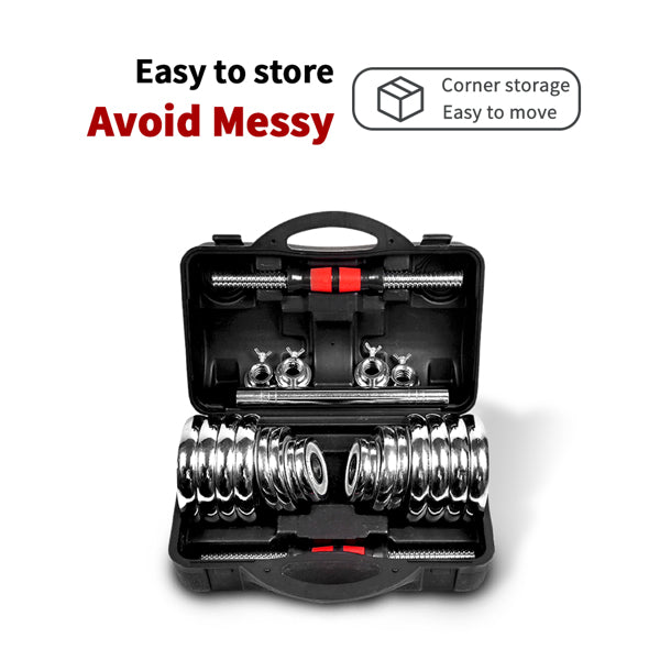 Black case with chrome weights, rods, and red accents, labeled "Avoid Messy, Easy to Store."
