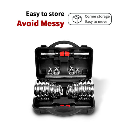 Black case with chrome weights, rods, and red accents, labeled "Avoid Messy, Easy to Store."