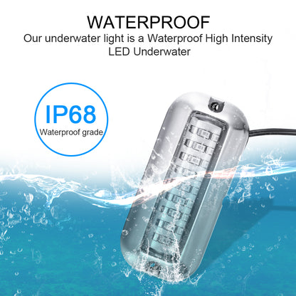 Waterproof LED light underwater with splashing water; IP68 grade label in blue circle.