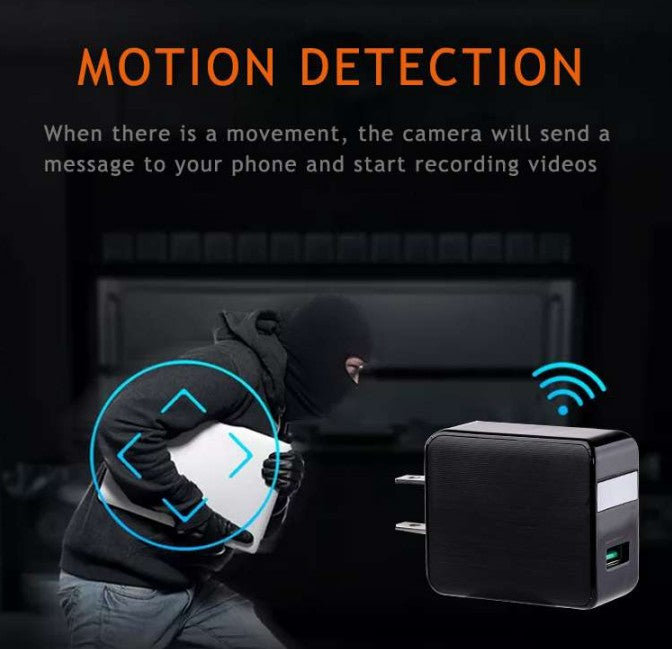A masked person is detected by a charger camera with motion detection, highlighted by icons.