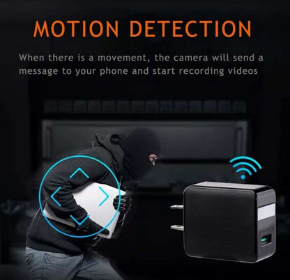 A masked person is detected by a charger camera with motion detection, highlighted by icons.