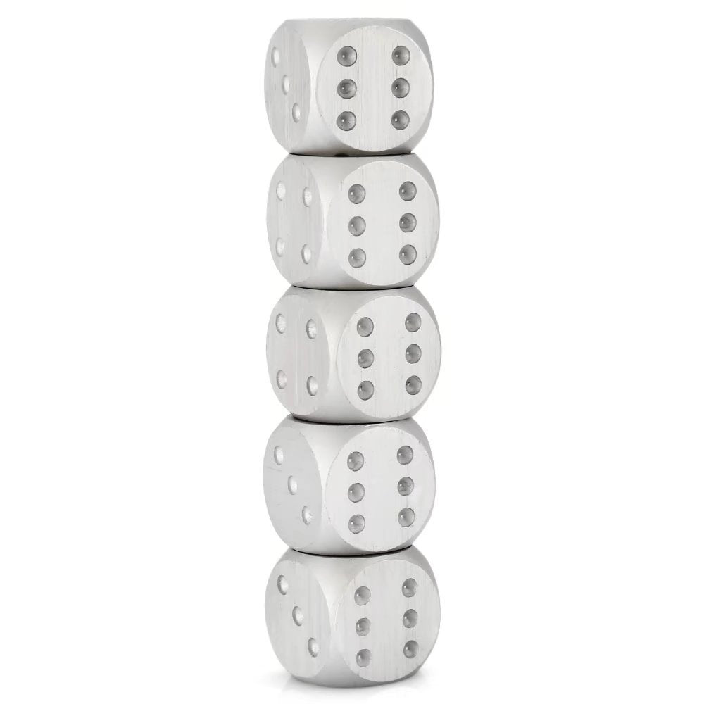 Five silver dice stacked vertically with reflective surfaces and dark pips.