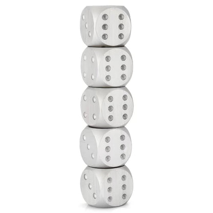 Five silver dice stacked vertically with reflective surfaces and dark pips.