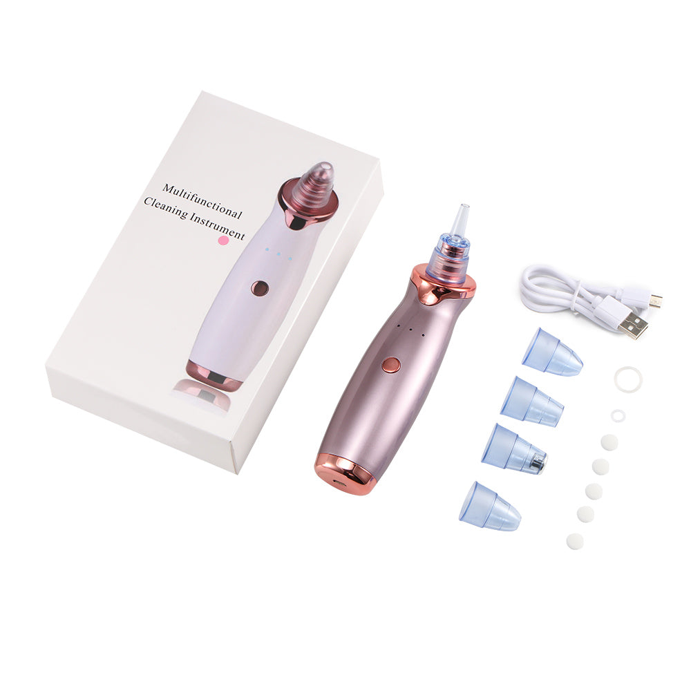 Pink and rose gold cleaning device, box, USB cable, and blue nozzle attachments on white background.