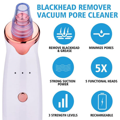 White and rose gold vacuum pore cleaner with blue icons highlighting features and functions.