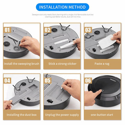 Six-step guide for installing a robot vacuum with gray and orange color scheme.