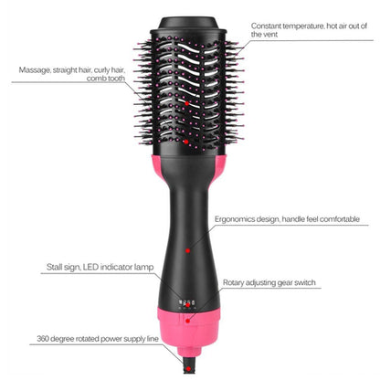 Pink and black hair dryer brush with vents, ergonomic handle, and rotary switch.