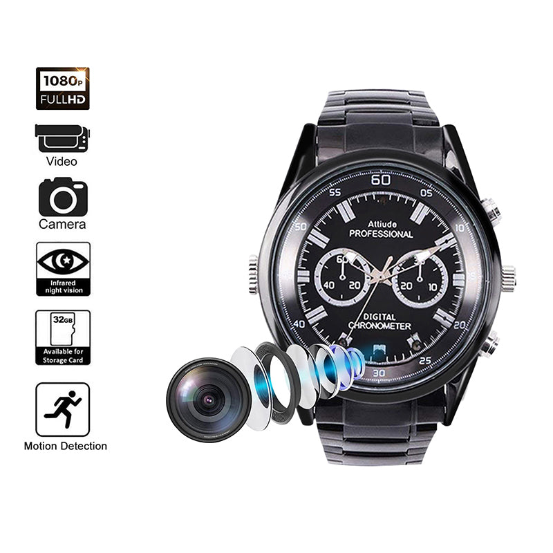 Stylish black watch with camera lens, icons for 1080p video, night vision, and motion detection.